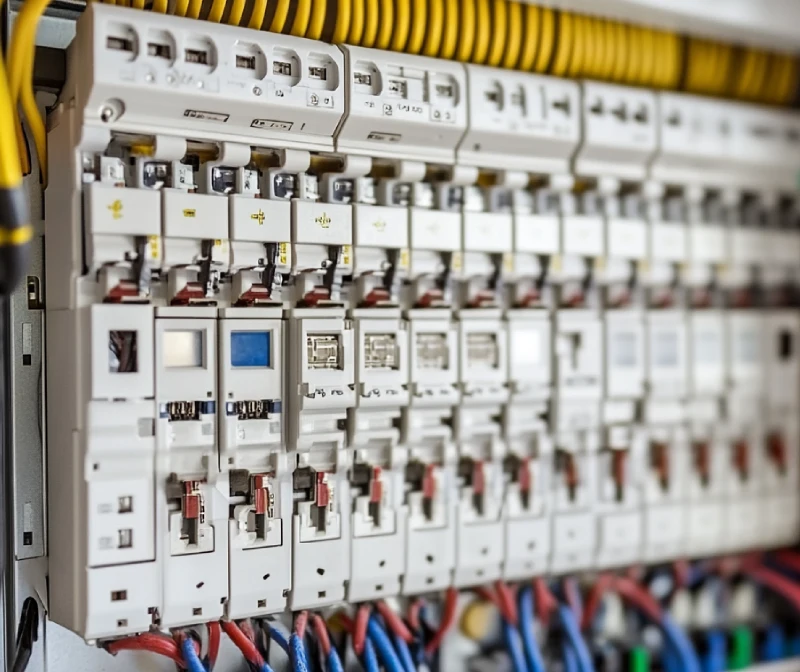 Close-up view of a circuit breaker panel with multiple switches and wiring, showing a neat and organized layout of electrical components.