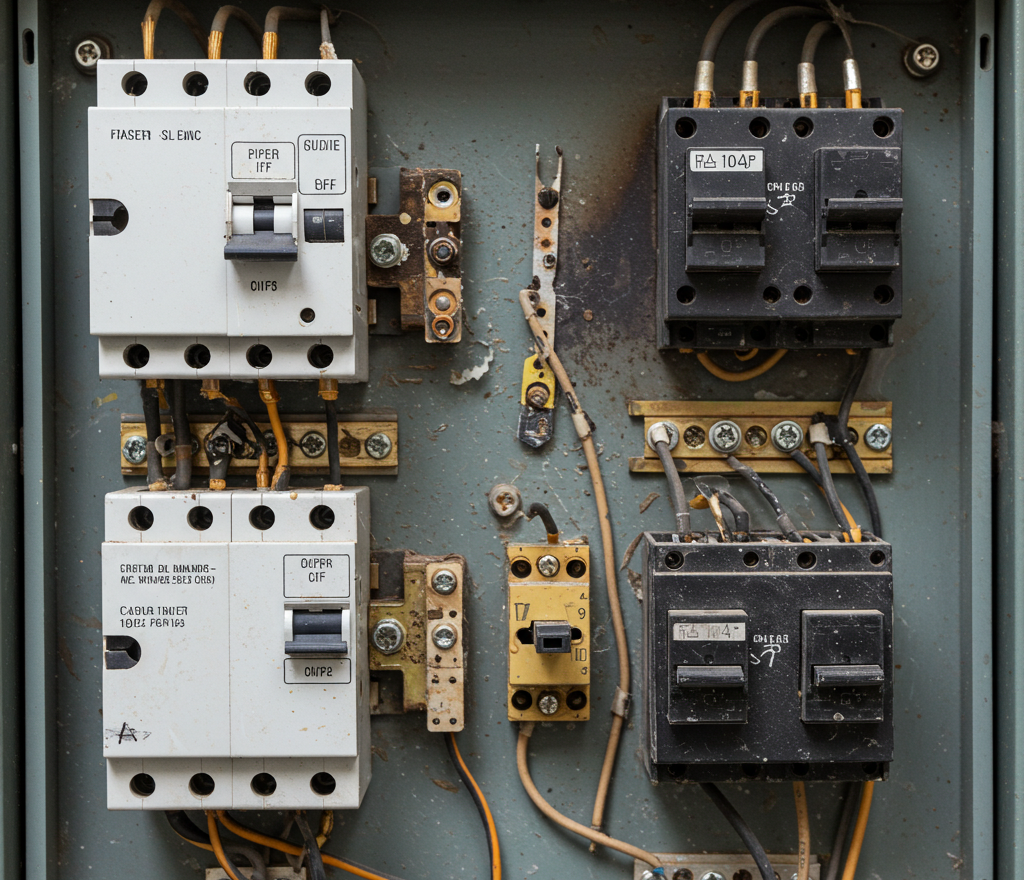 Close-up of an electrical switchboard with various circuit breakers and exposed wiring, with a focus on electrical safety equipment.
