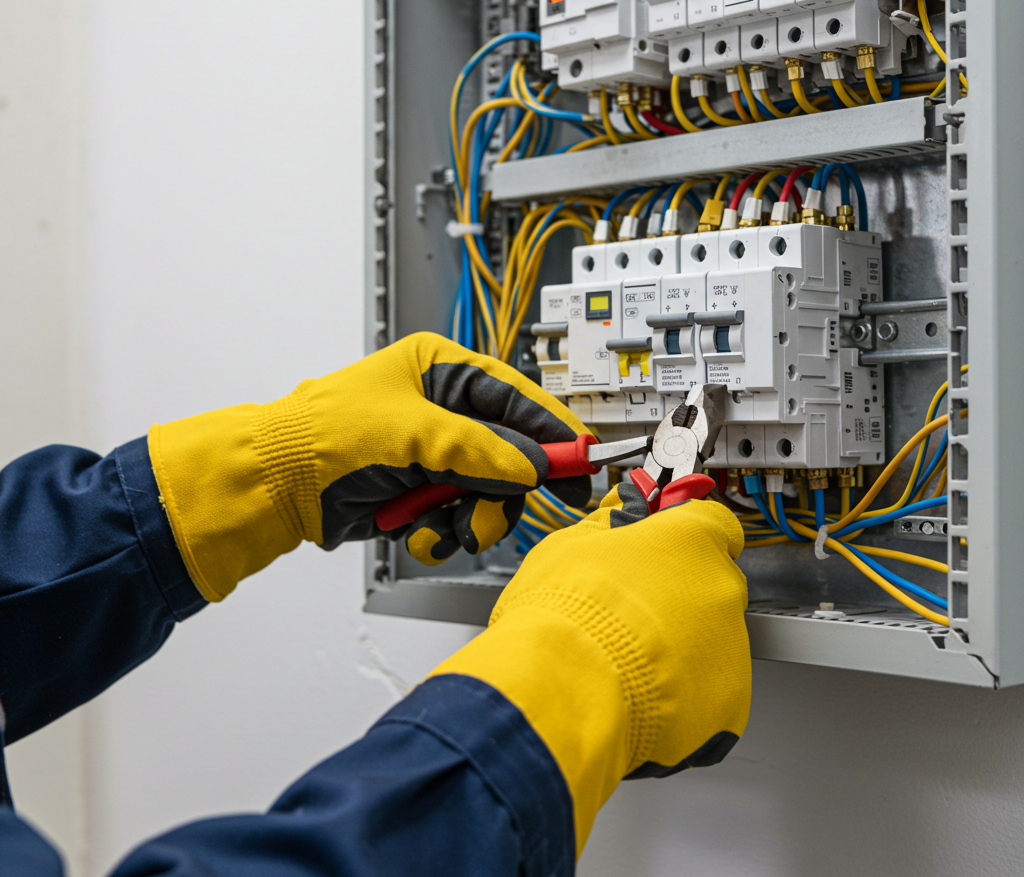 An electrician wearing yellow gloves working on an electrical circuit breaker panel with visible wires and components